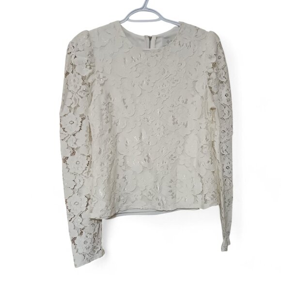 WAYF Ivory Lace Blouse – Puff Shoulders, Sheer Long Sleeves, Back Zip, S… - Picture 8 of 10